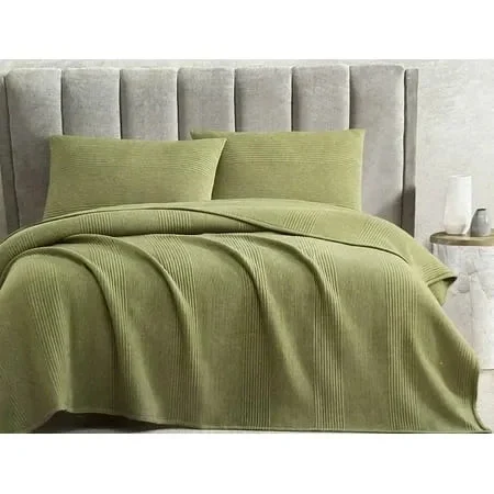 Brooklyn Loom 3 Piece Soft Ribbed Jersey Coverlet Set - King Size Bedding in Spring Green