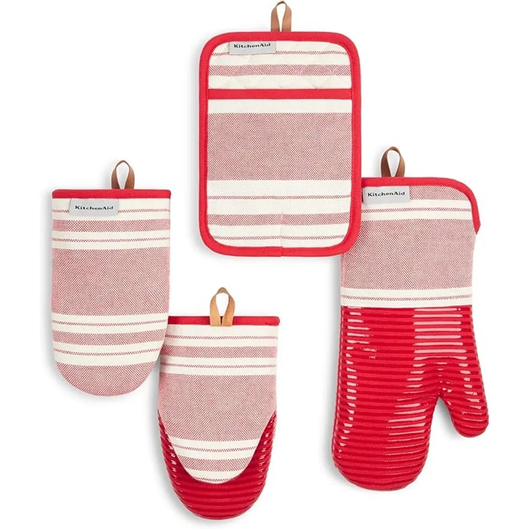 KitchenAid Vintage Stripe Oven Mitt, Mini Oven Mitt & Pot Holder 4-Pack, 100% Cotton, Heat Resistant - Passion Red/Ivory