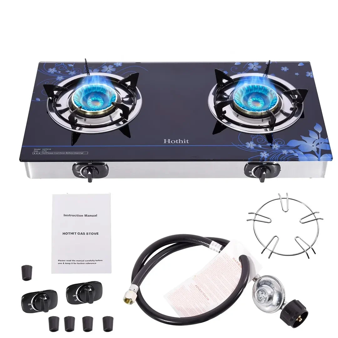 Hothit ortable 2 Burner Propane Stove Gas Cooktop Tempered Glass 28600 BTU - Black