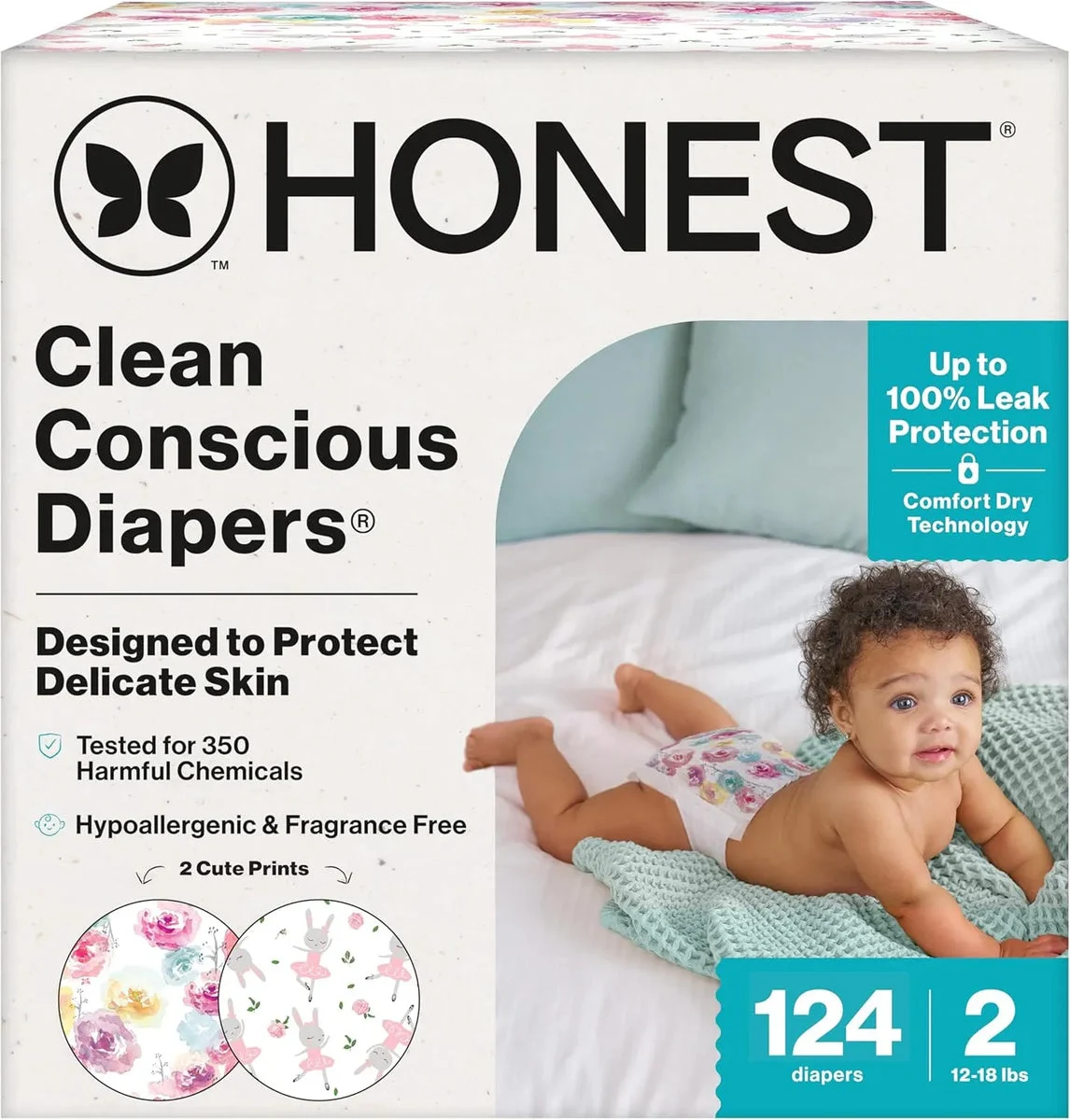 The Honest Company 124ct Clean Conscious Diapers, Size 2 (12-18 lbs) - Rose Blossom + Tutu Cute