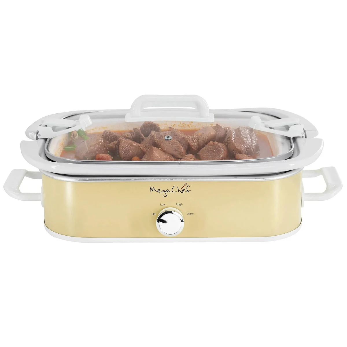 Megachef 3.5qt Casserole Slow Cooker with 3 Temperature Settings Cream: Stainless Steel, Stoneware, Glass, Dishwasher-Safe Parts