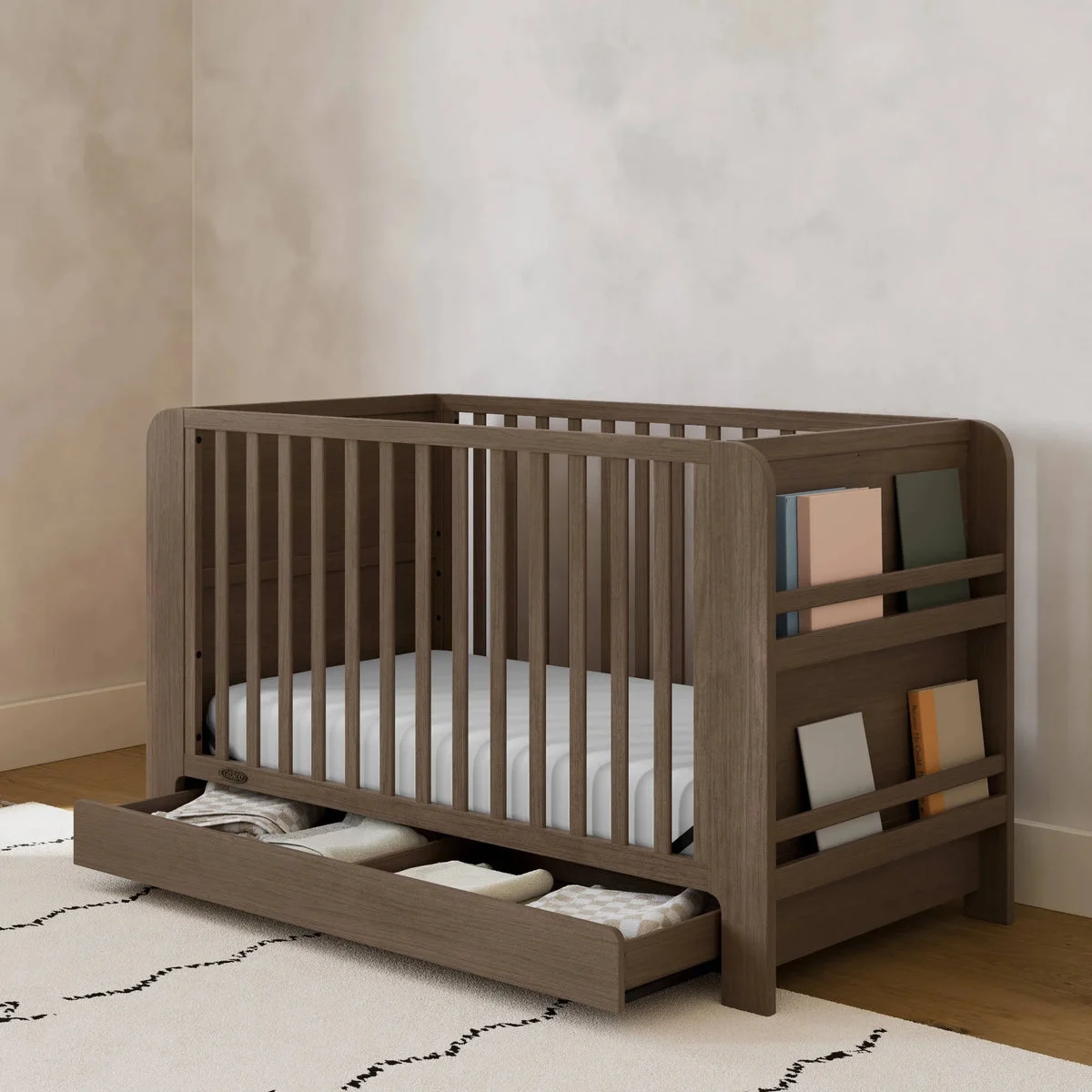 Graco Convertible 4-in-1 Bookshelf Crib with Drawer - Hazelnut
