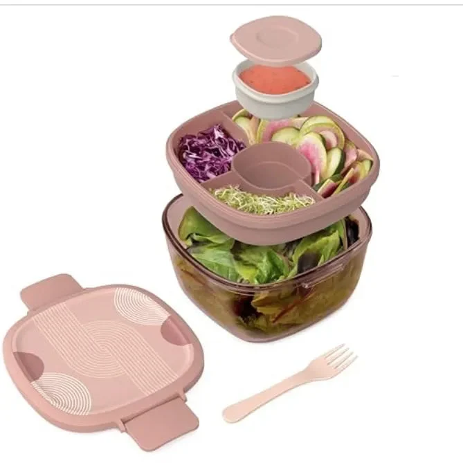 Bentgo Glass All-in-One Salad Container - 61oz Tinted Glass Salad Bowl with Lid, Bento-Style Tray - Desert Rose