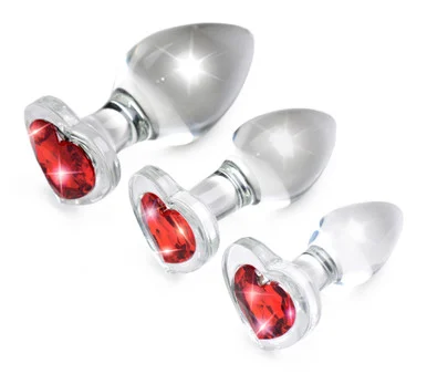 Red Heart Gem Glass Anal Plug Set - Adult Toys