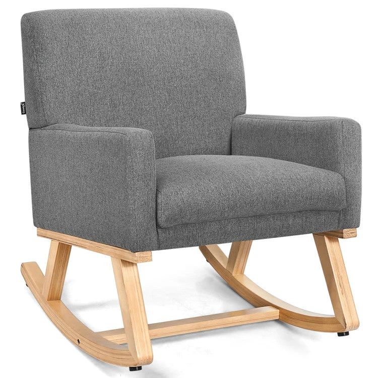 COSTWAY Upholstered Rocking Chair With and Solid Wood Base-Gray