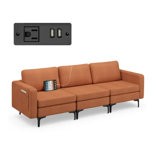 COSTWAY Convertible Leather Sofa Couch With Magazine Pockets 3-Seat With 2 USB Port-Orange
