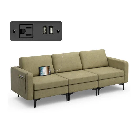 COSTWAY Convertible Leather Sofa Couch With Magazine Pockets 3-Seat With 2 USB Port-Green