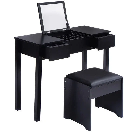 COSTWAY Vanity Makeup Dressing Table Set With Flip Top Mirror and Cushioned Stool-Black