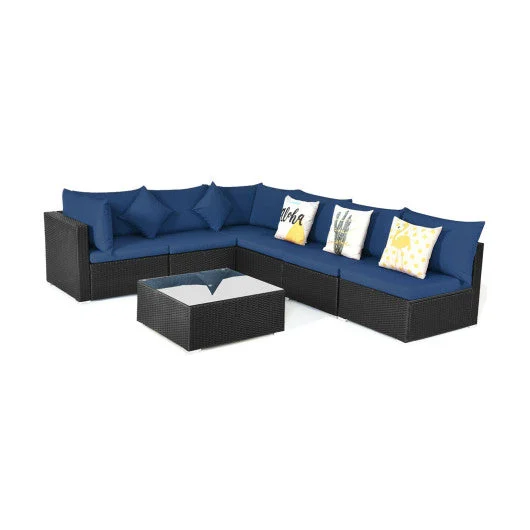 COSTWAY 7-Piece Outdoor Sectional Wicker Patio Sofa Set With Tempered Glass Top-Navy