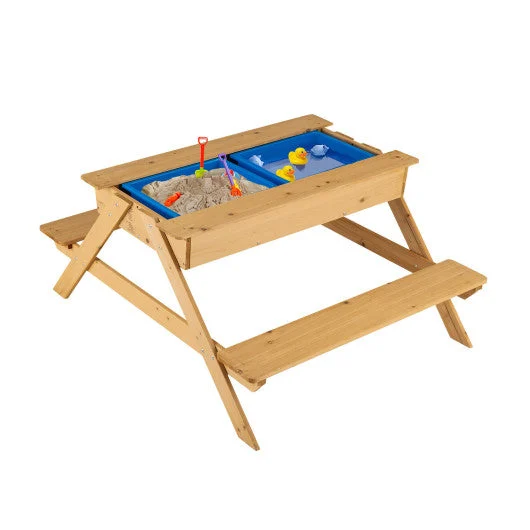 COSTWAY 3-in-1 Kids Picnic Table Wooden Outdoor Water Sand Table With Play Boxes