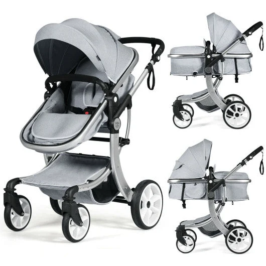 COSTWAY Folding Aluminum Infant Reversible Stroller With Diaper Bag-Gray