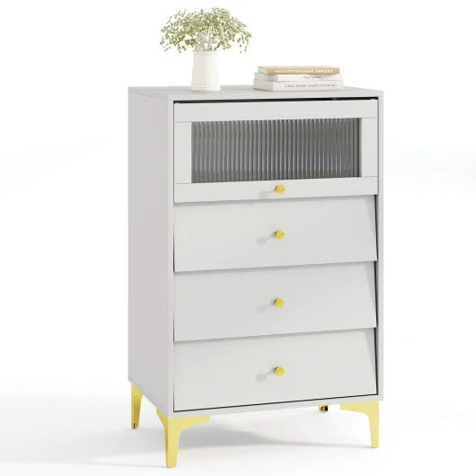 COSTWAY Modern Storage Cabinet With Flip Up Fluted Glass Door and Pull-Out Drawers-Gray