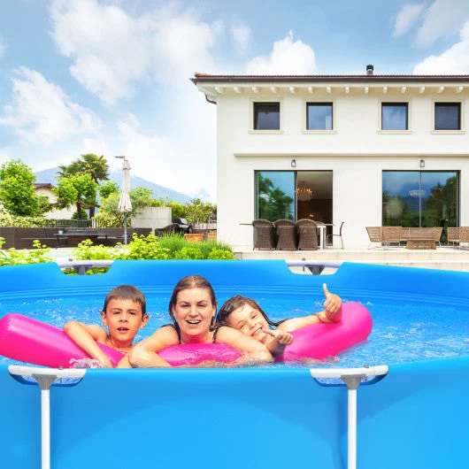 COSTWAY Round Above Ground Swimming Pool With Pool Cover-Blue
