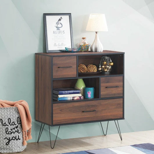 COSTWAY 3-Tier Wood Storage Cabinet With Drawers and 4 Metal Legs