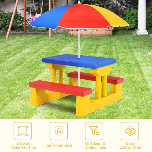 COSTWAY Kids Picnic Folding Table and Bench With Umbrella-Yellow