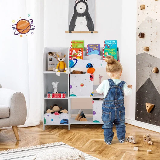 COSTWAY Kids Toy and Book Organizer Children Wooden Storage Cabinet With Storage Bins - Planet