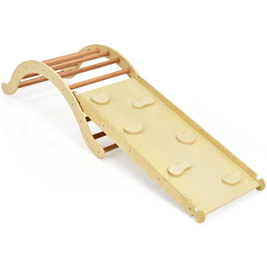 COSTWAY 3-in-1 Kids Wooden Arch Triangle Rocker Climber Set With Ramp and Mat