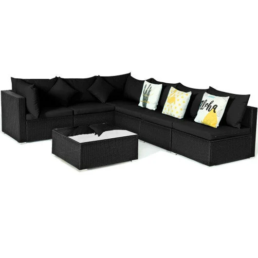 COSTWAY 7 Pieces Outdoor Sectional Wicker Patio Furniture Sofa Set With Tempered Glass Top and Softy Cushions-Black
